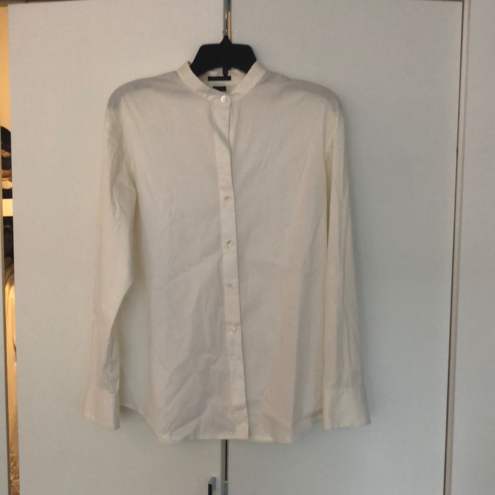 Theory White High Neck Button Blown Blouse